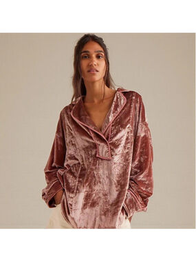 Free People Pink Slouchy Velvet Shirt Button Front Top Sz M